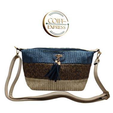Sac en bandoulière raphia pompon bleu